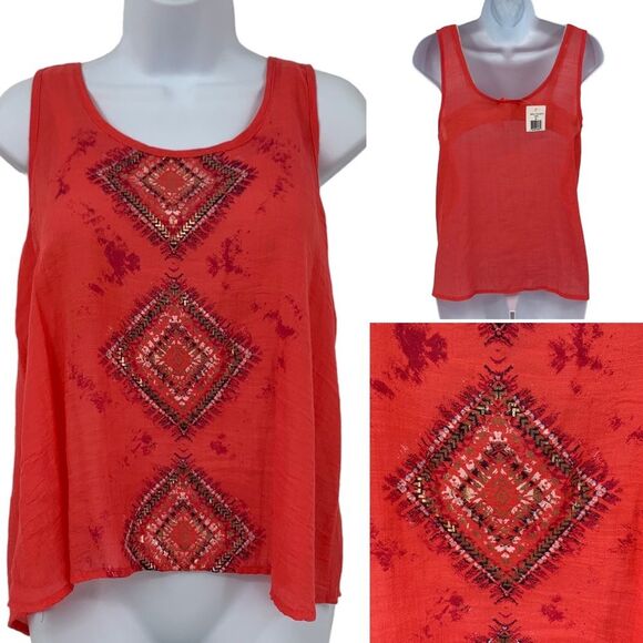 Cropped Coral Aztec Design Gauze Tank Top Sz. M Glam - Picture 10 of 11